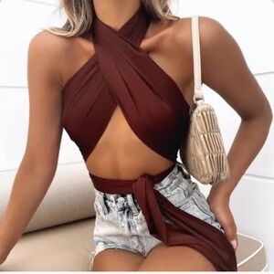 White Fox- chocolate brown scarf wrap top